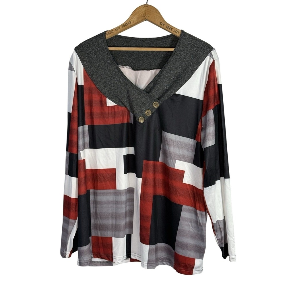 Shein Curve Womens Black Red White Geometric Print Long Sleeve Shirt Size 1XL